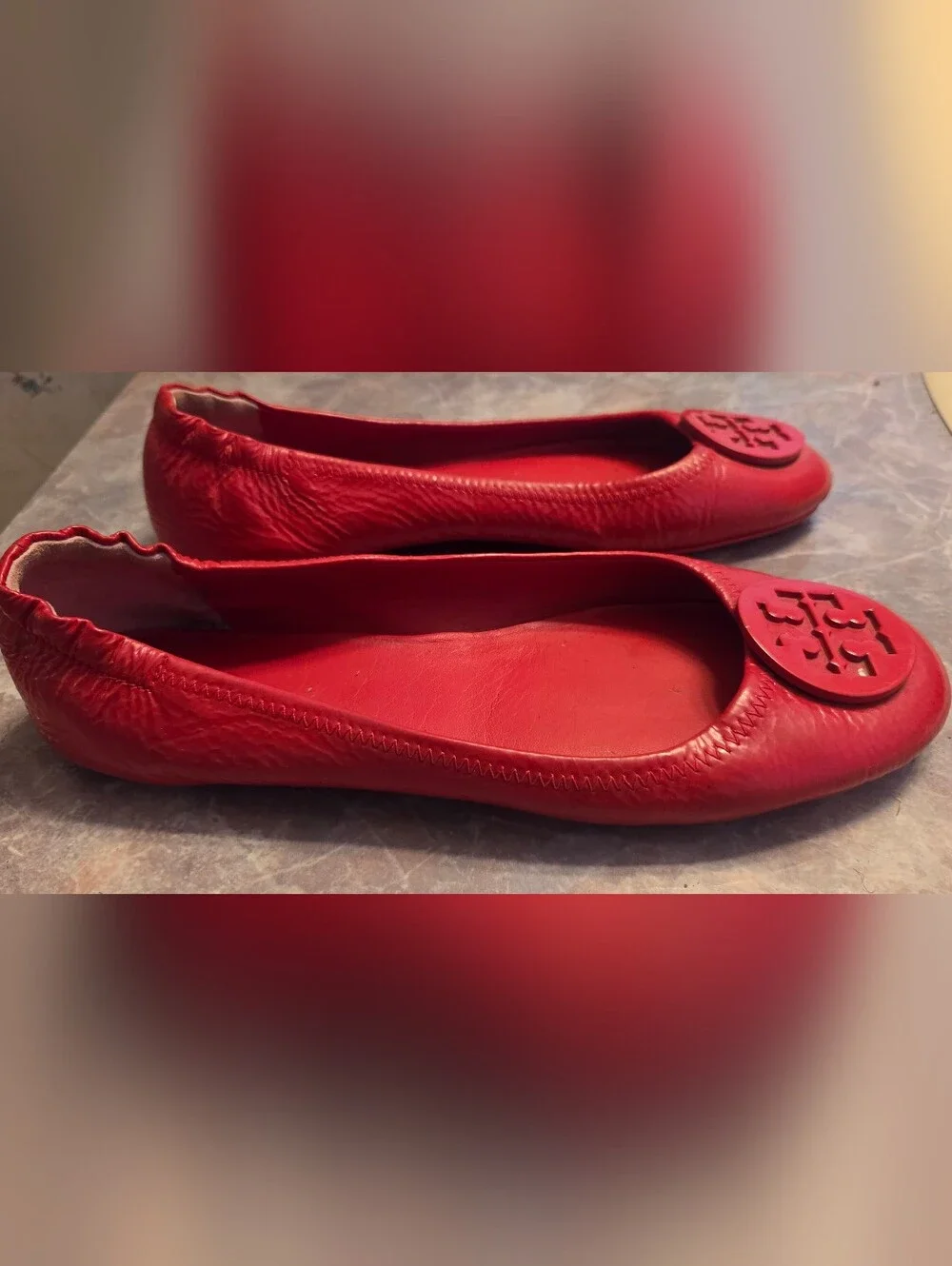 Tory Burch Red Leather Logo Ballet Flats